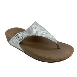 Fitflop Skinny T-Strap Silver Snake Wedge Sandals